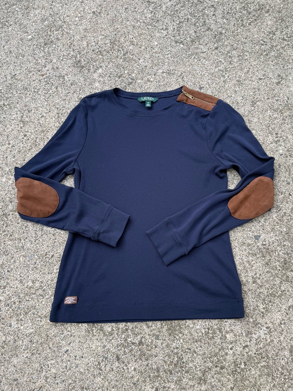 Lauren Ralph Lauren Navy Knit Top Tan Suede Zip Detail Shoulders & Elbows Size L
